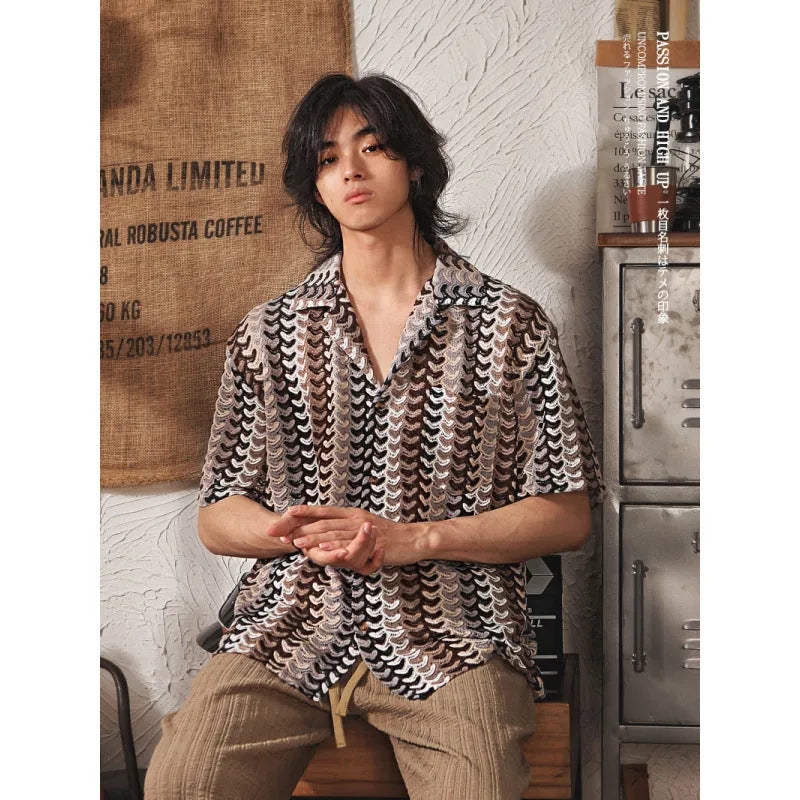 Japanese style Cuban collar short sleeve shirt in grey polyester jacquard fabric with slim fit plus size construction