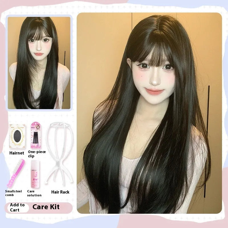 Dark brown long straight hair wig with bangs on a wig stand, full-head design, high temperature fibre