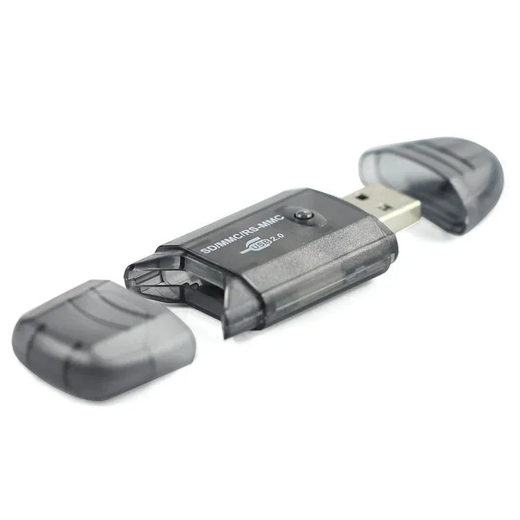 Transparent plastic USB card reader with a clear housing showing internal components.