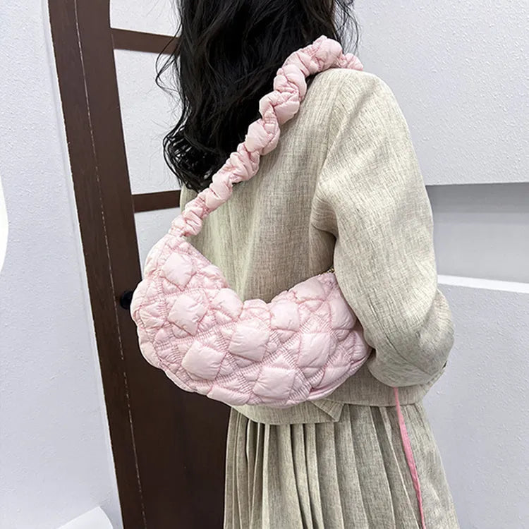 Women's nylon cloud underarm bag in beige colour with adjustable shoulder strap