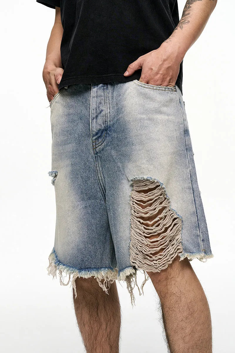 Light blue men's baggy denim shorts with a wide leg and retro washed finish on a mid-waist.