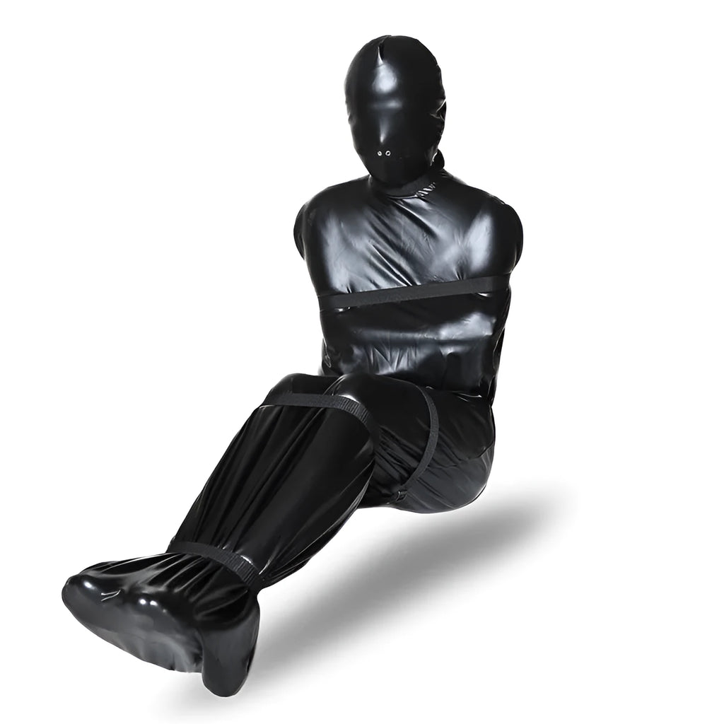 Black patent leather bondage set showing full body wrap and six ratchet tie-down straps