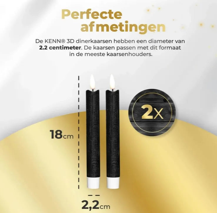 Black LED taper candle with realistic 3D flame effect, measuring 2.2cm wide by 18cm tall