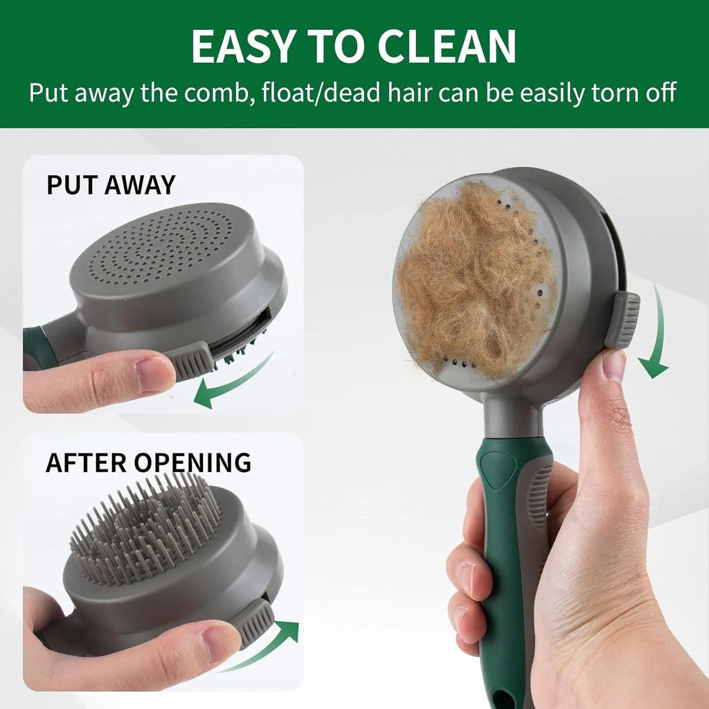 Green and pink two-sided silicone pet grooming brush with slicker brush and massage head.