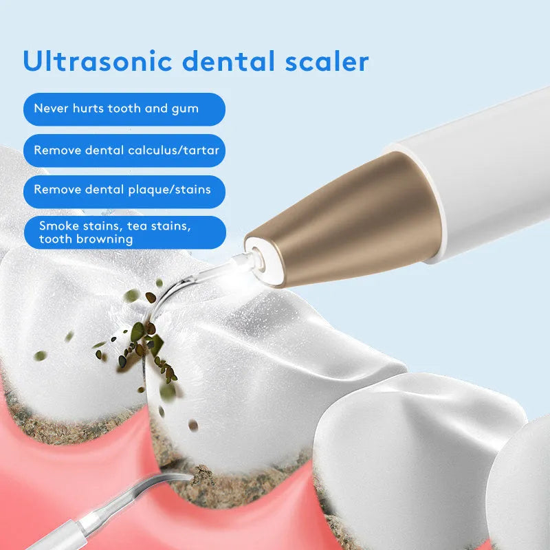 Gold-coloured ultrasonic tooth cleaning device for removing tartar and stains