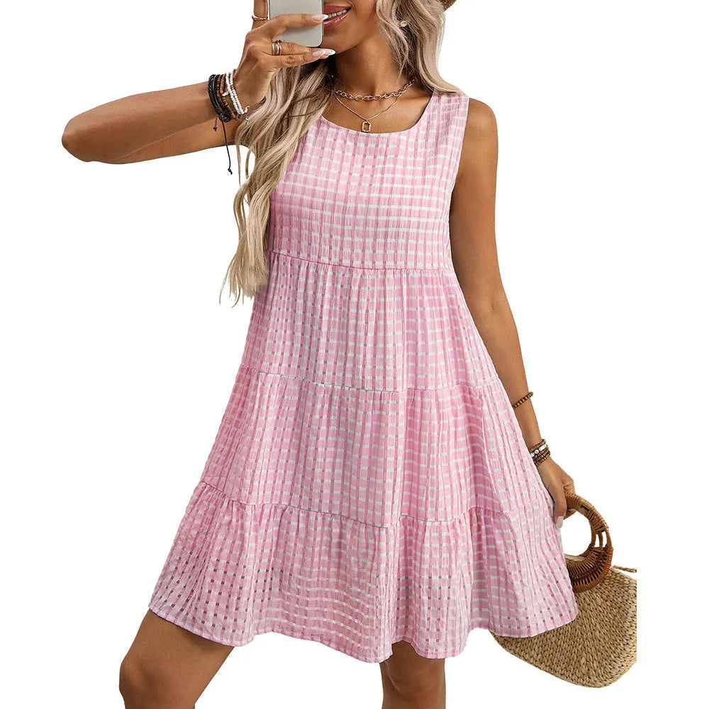 Women's sleeveless plaid dress with oversized swing skirt in light blue colour