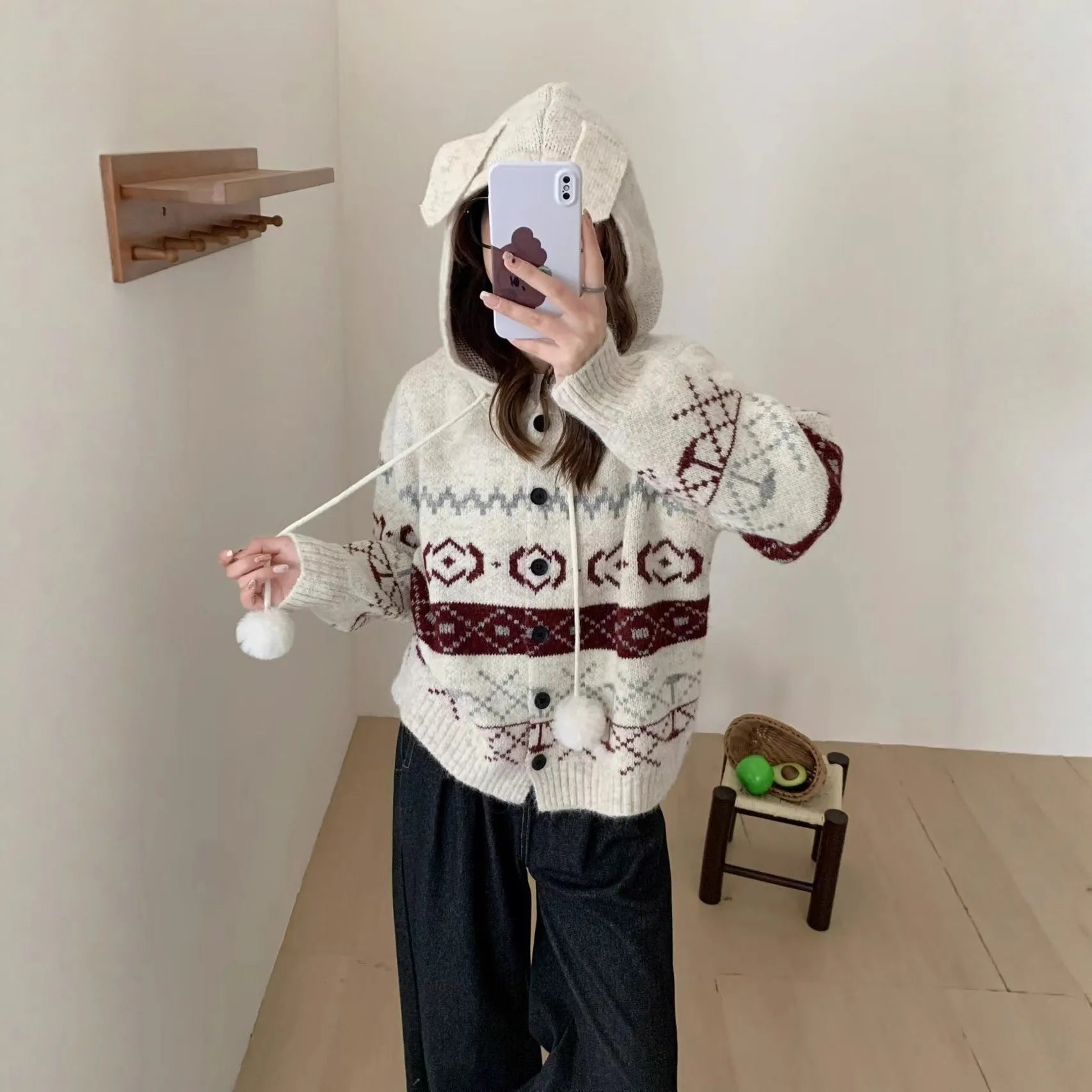 Plus size women's loose fit geometric brocade sweater coat in acrylic, colour options Milky White and Grey.