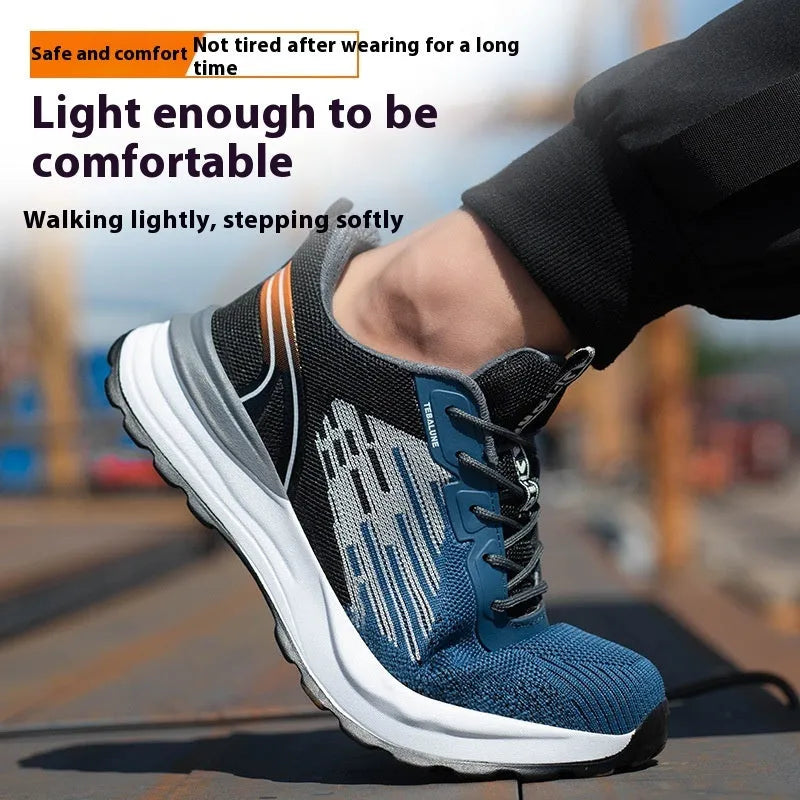 Blue men's lightweight safety work shoes with Flyknit mesh upper and non-slip PU sole