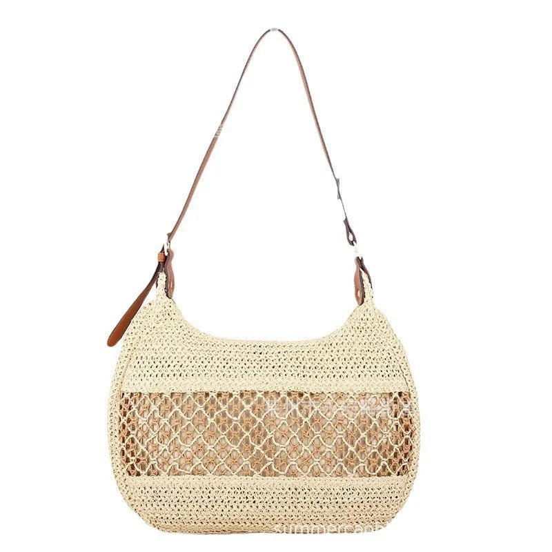 Women's straw cross body bag with horizontal square shape in khaki colour showing sandwich pocket design