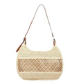 Women's straw cross body bag with horizontal square shape in khaki colour showing sandwich pocket design