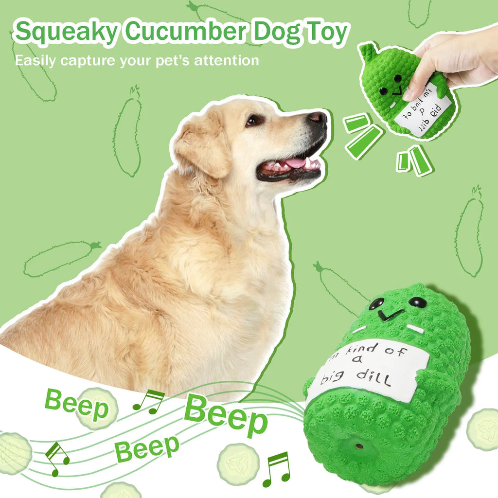 Bright green pickle-shaped latex dog chew toy with textured surface and squeaker inside