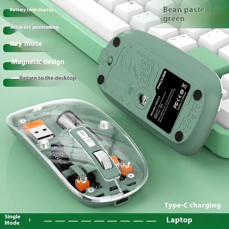 Transparent wireless computer mouse showing internal components with compact plastic design
