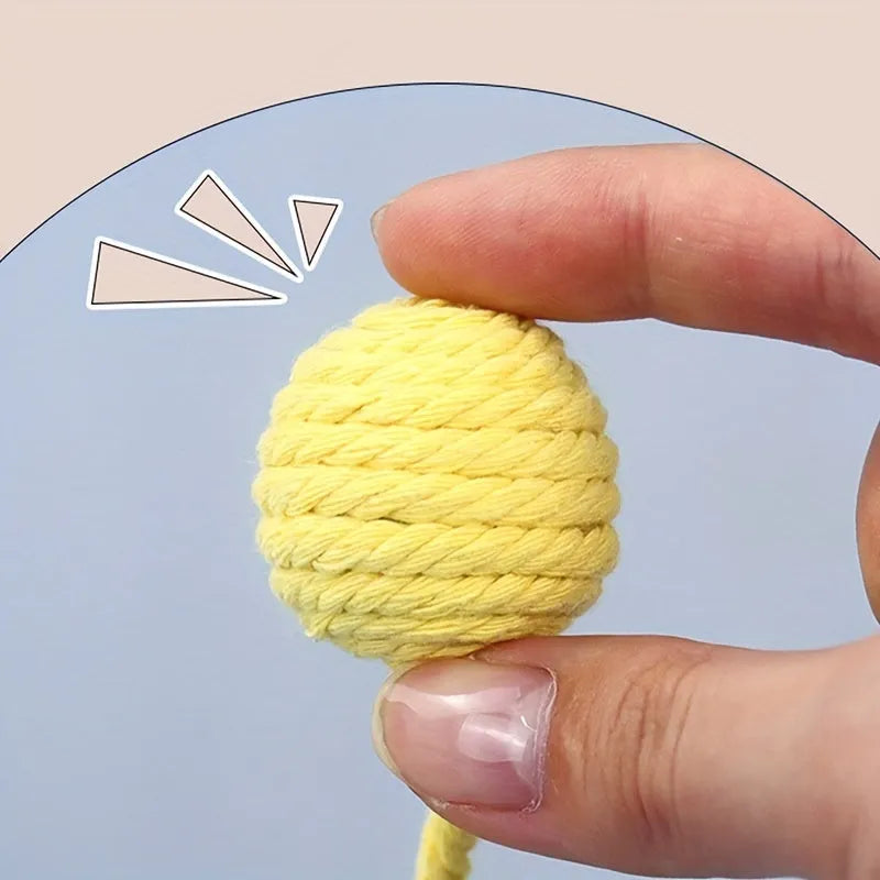 Colourful cat toy ball with an attached rope, shown in green, pink, purple, and yellow with 6cm and 3cm size options.