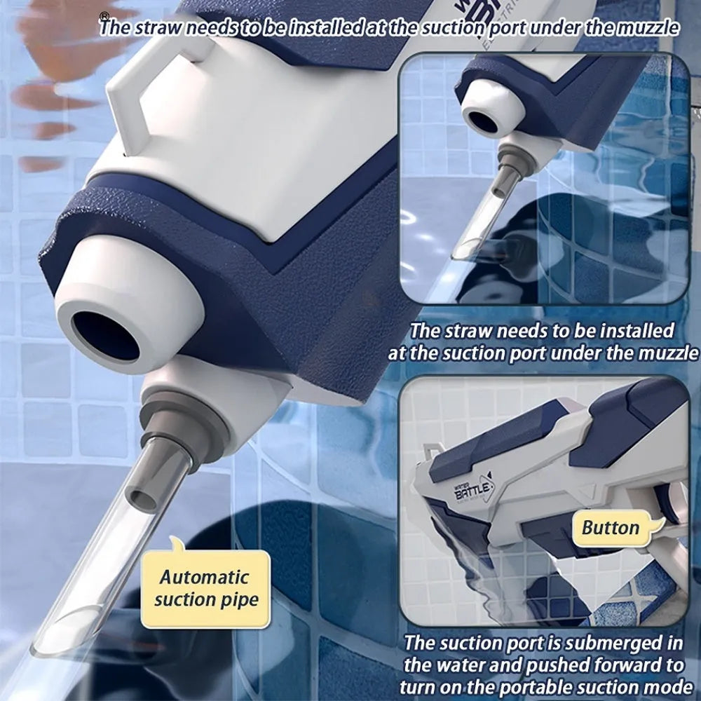 Blue electric water gun with automatic straw for outdoor water fights showing 55cm size