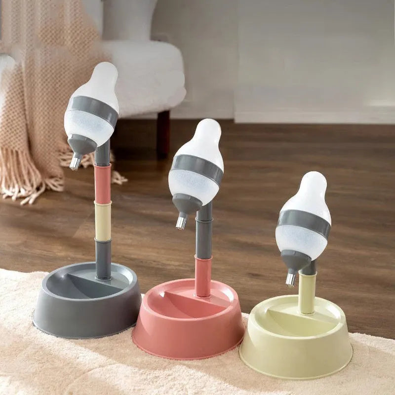 Adjustable height pet water dispenser with detachable bowl in green, grey or pink colours