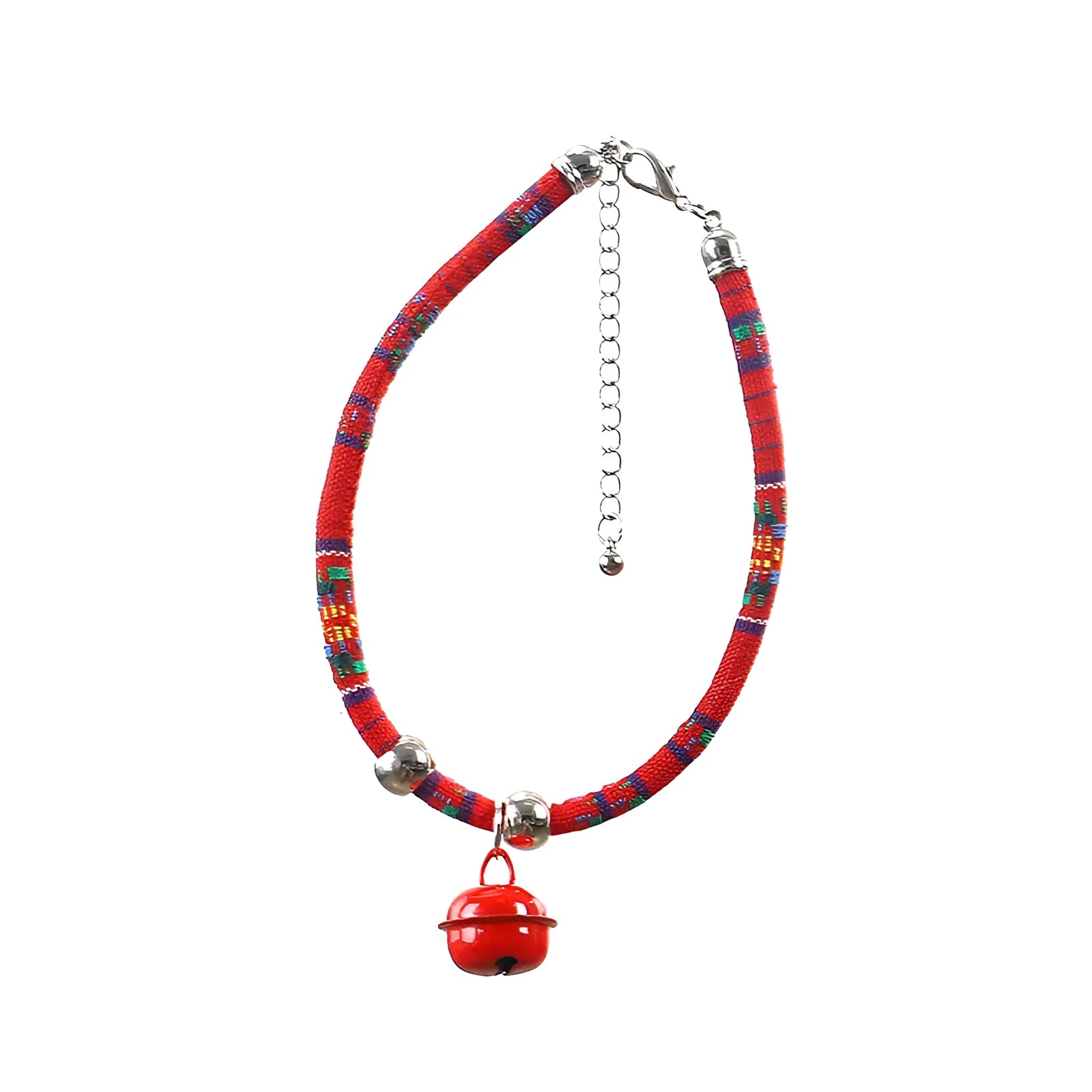 Coloured ethnic pattern adjustable pet collar for dog or cat with a small metal bell attached.