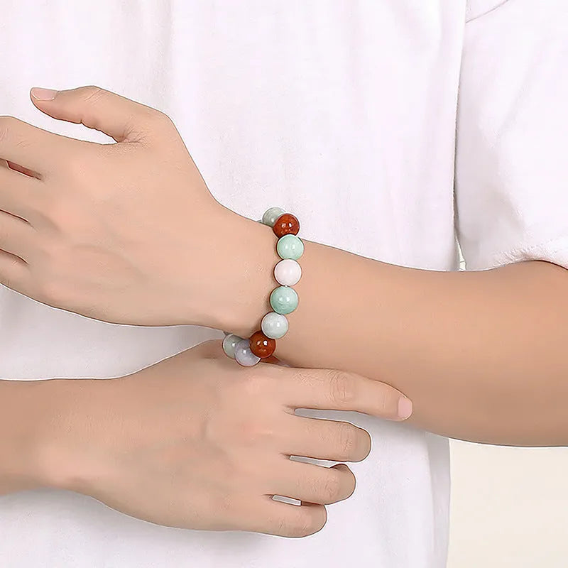 Natural Myanmar jade three-colour bracelet with 13mm round beads and national style design