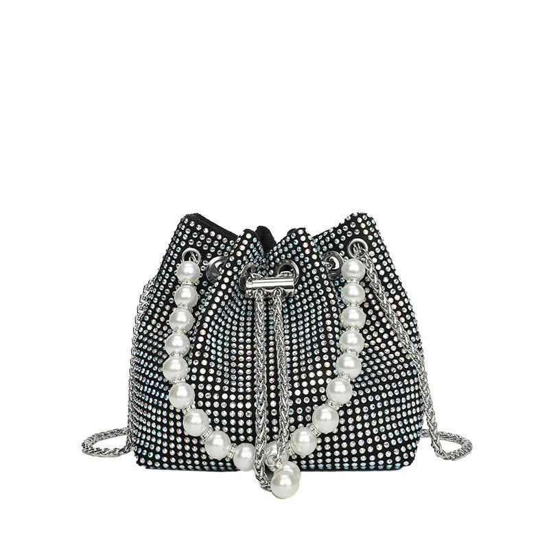 Light diamond western style shoulder bag crossbody with chain strap in soft PU leather bucket design