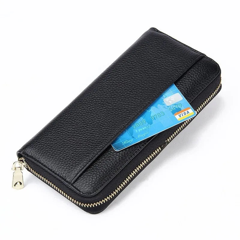 Long women's genuine leather wallet in solid colour with anti-theft card swiping feature and large storage capacity