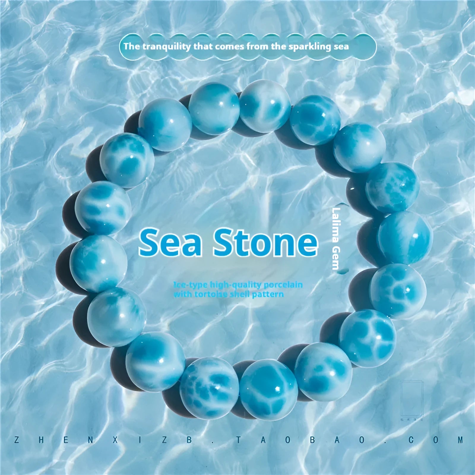 Blue Maillard-style Bodhi bracelet with a sea-pattern crystal stone and pearl accents on a wrist.