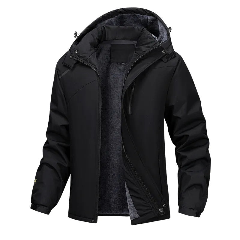 Plus size men's hooded waterproof coat in Army Green, shown on a model.