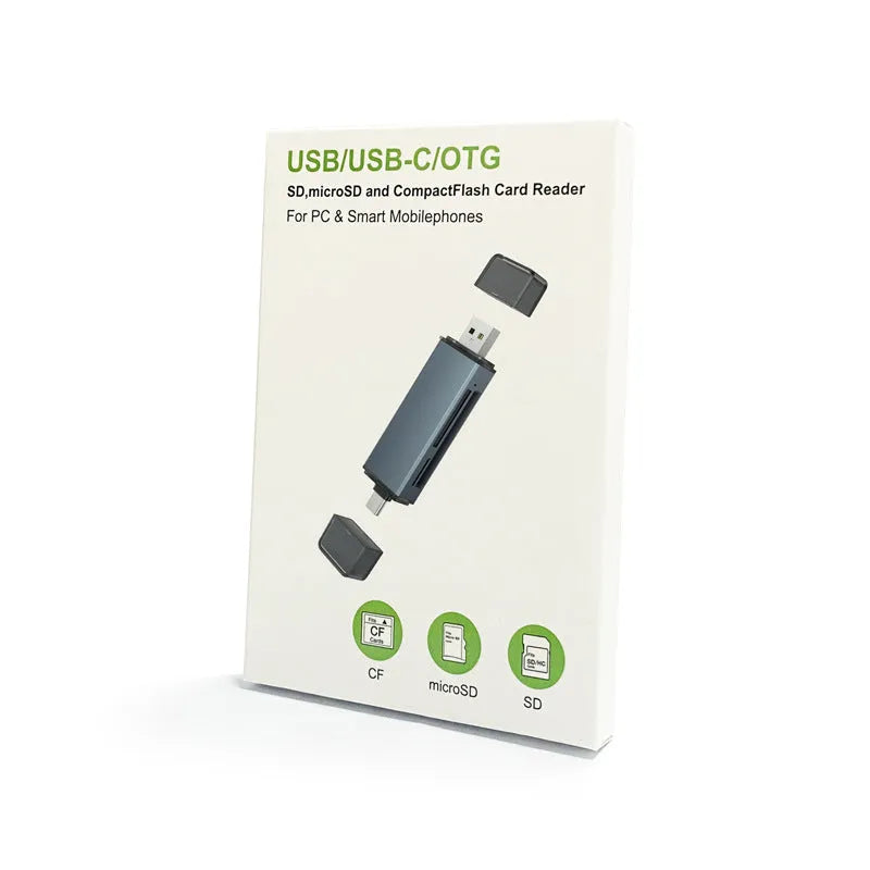 CF SD TF three-in-one USB card reader with aluminium casing showing memory card slots