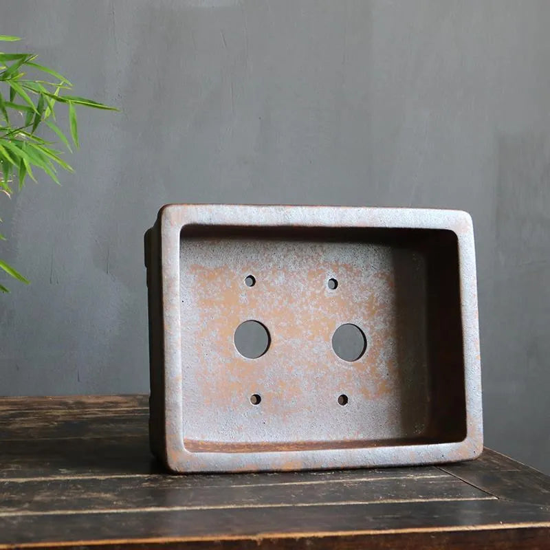 Purple sand rectangular bonsai pot with firewood burning texture pattern