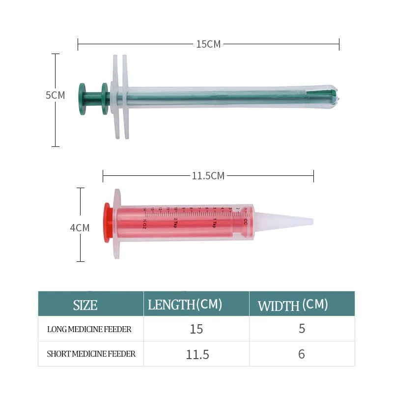 Two silicone pet pill shooters with soft tips for administering medication to cats and dogs