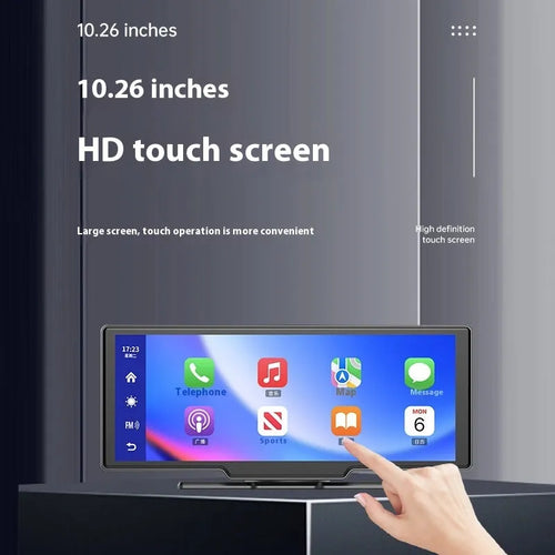 10-inch car smart screen with CarPlay, driving recorder, and navigation functions on dashboard