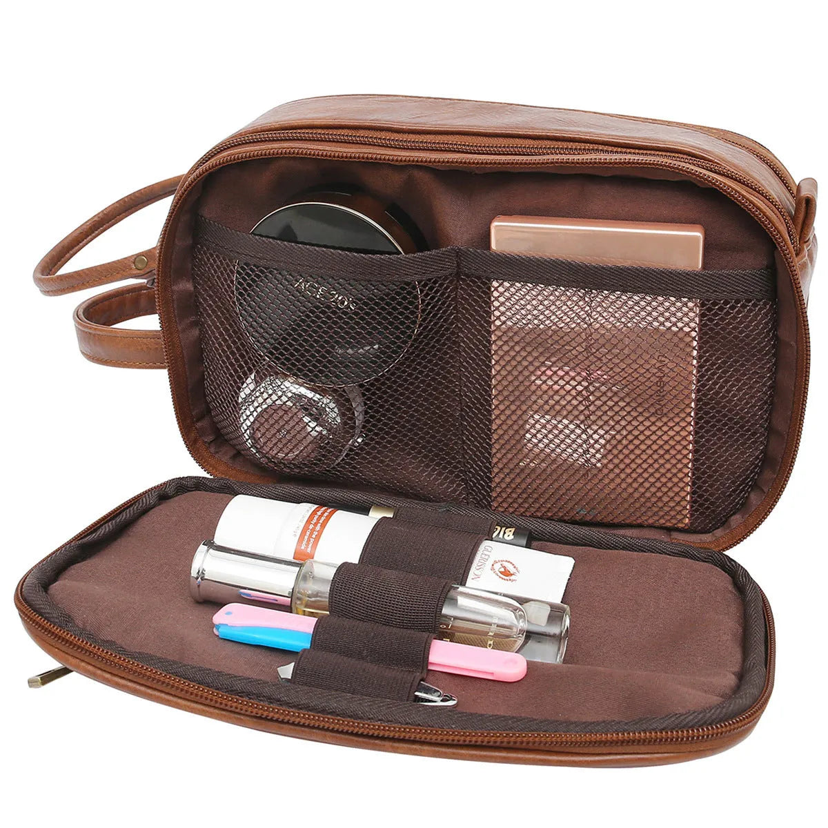 Men's black or brown Pu leather toiletry bag for travel storage.