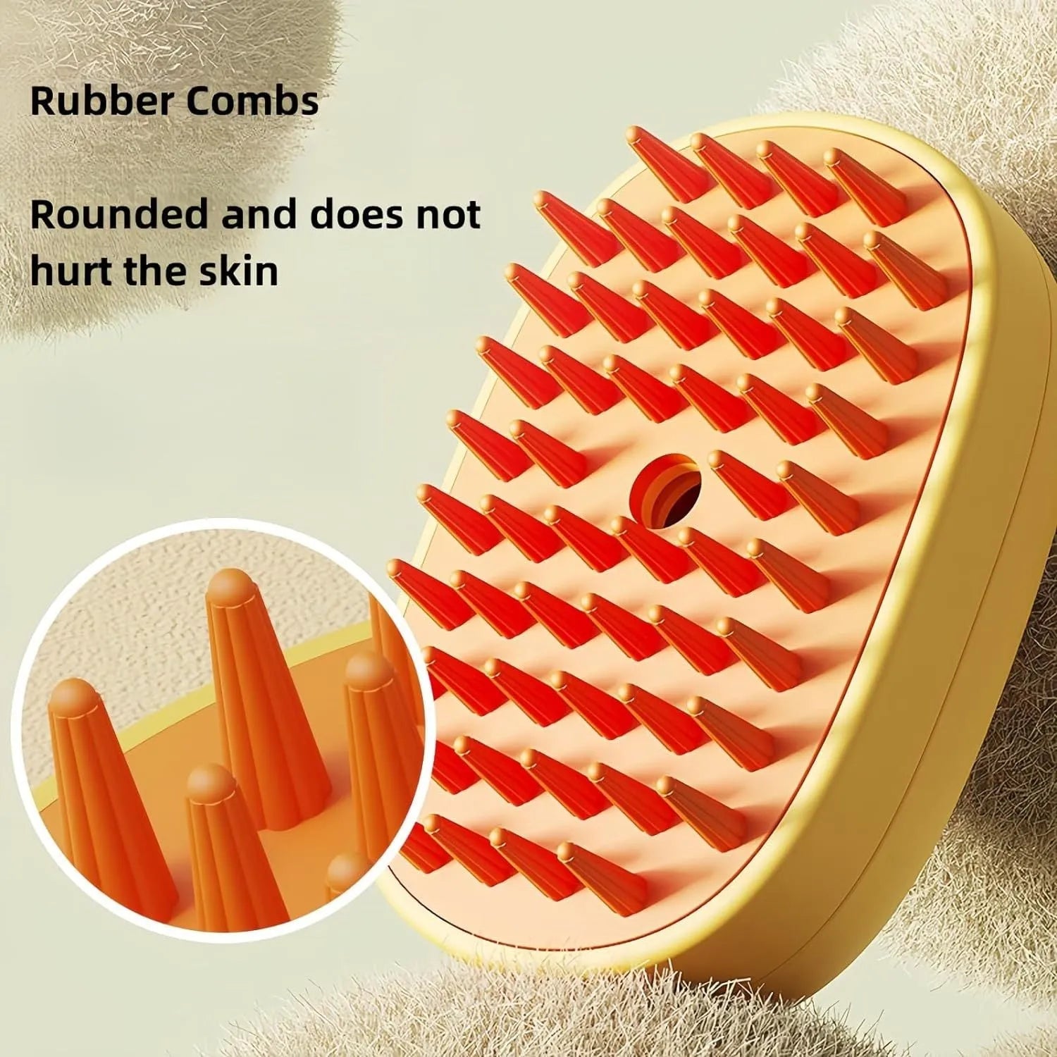 White or yellow rechargeable pet steam brush with rubber comb teeth and water tank.