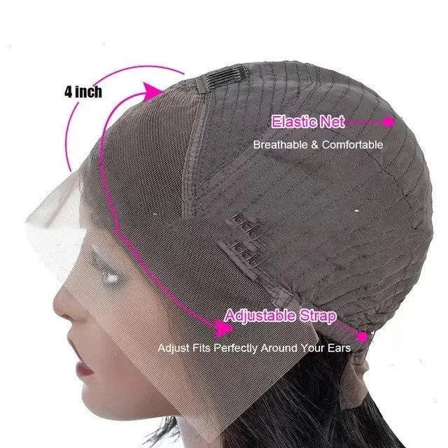 A woman wearing a real human hair lace front headgear with a 4x4 lace construction and long, styled hair.