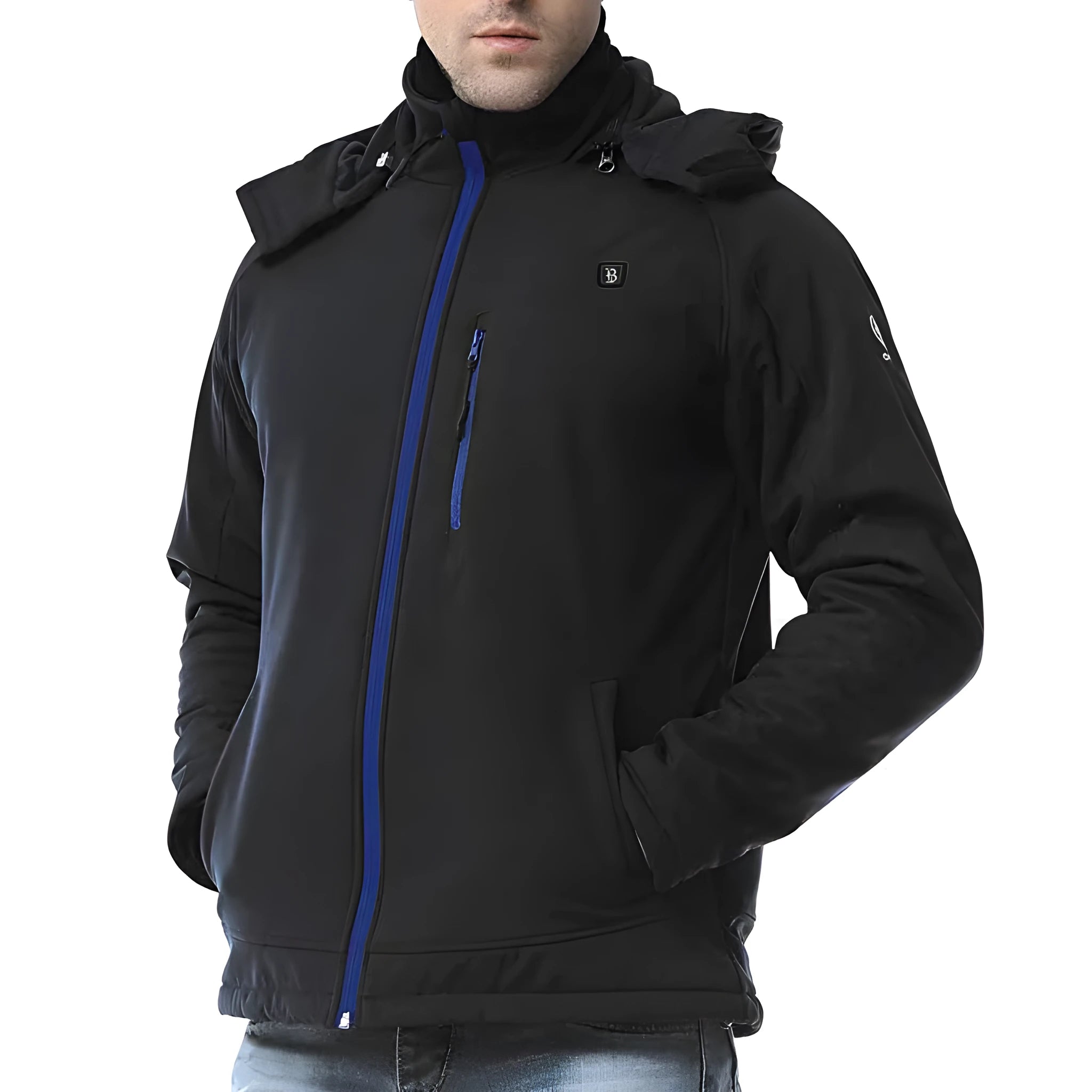 Black USB heated waterproof winter coat for men with long sleeves and zipper pockets.