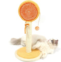 Blue cat scratching post with sisal rope and a hanging yellow ball toy on a sturdy wooden base.