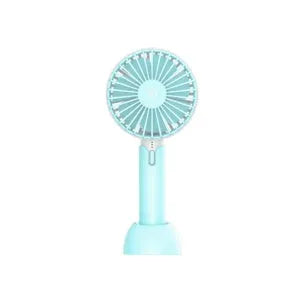 Blue handheld mini USB electric fan with three speed controls and oscillating head