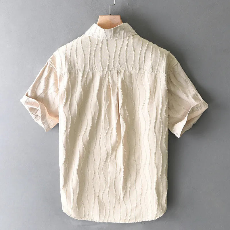 Men's pure cotton casual shirt in apricot colour with short sleeves and loose Japanese style fit