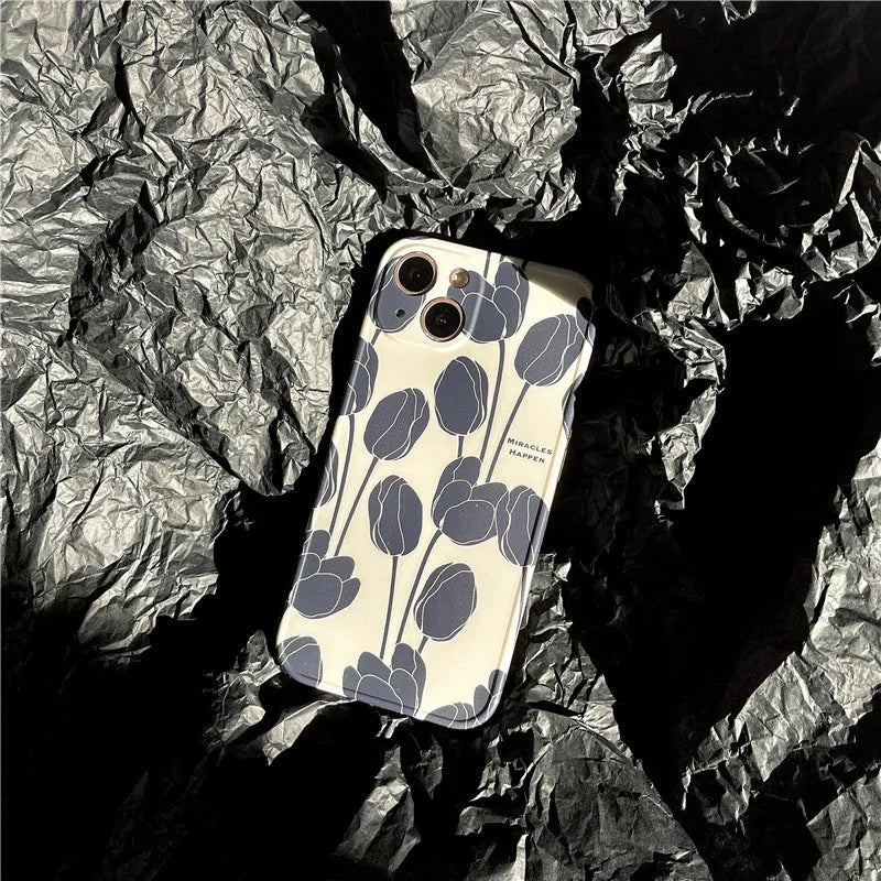 Black tulip silicone phone case back cover for iPhone 13 12 11 XR XS X