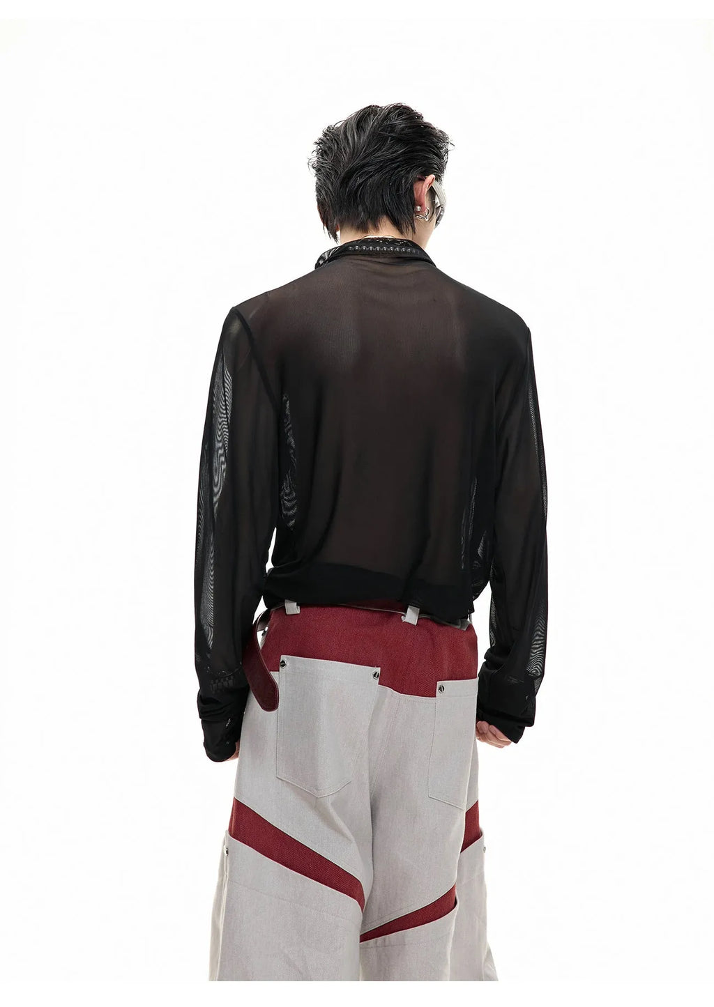 Black slim-fit long sleeve mesh shirt with a cooling ice-feel texture, shown on a model.