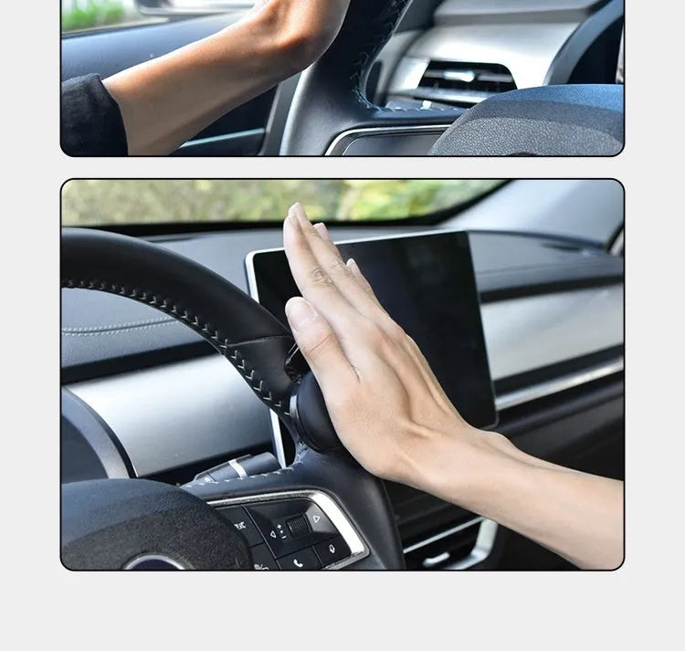 Black and blue steering wheel assist ball with silicone grip and metal bearing for single-handed steering.