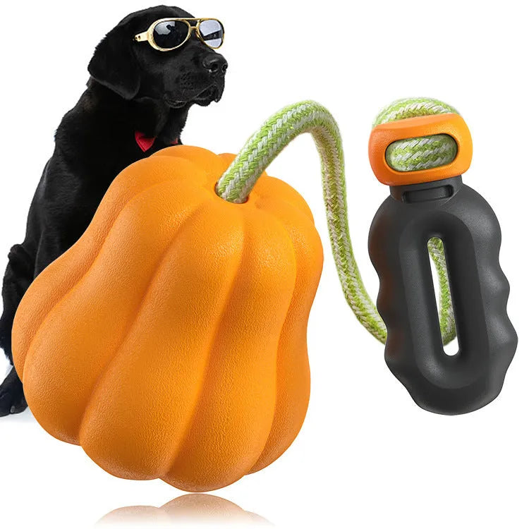 Pumpkin orange plastic dog chew toy with rope detail for outdoor fetch and molar cleaning
