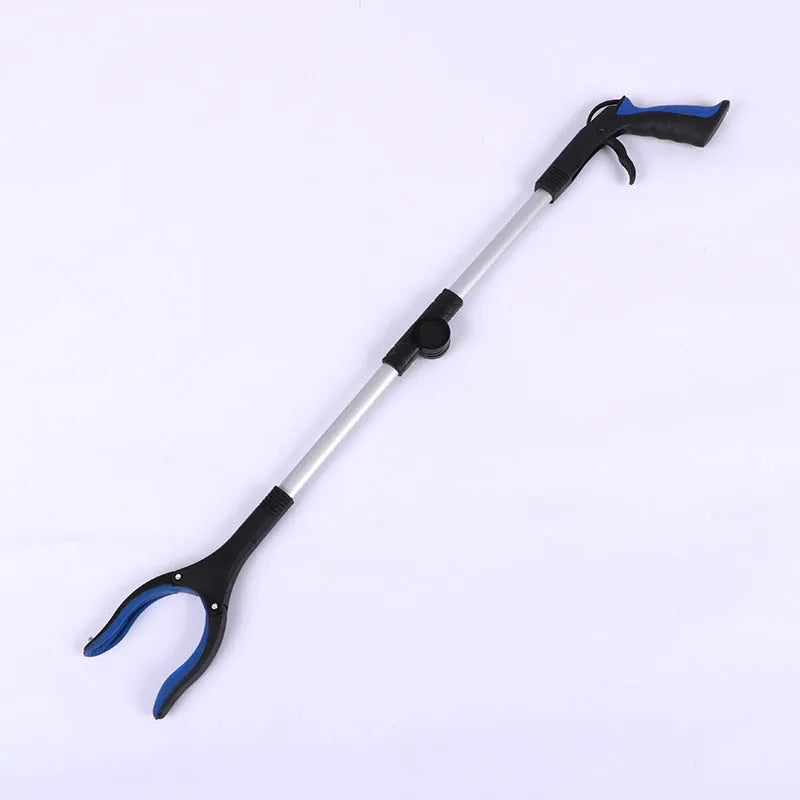 Foldable aluminium garbage pick-up clamp with extended silver rod and blue handle, showing magnet sucker.