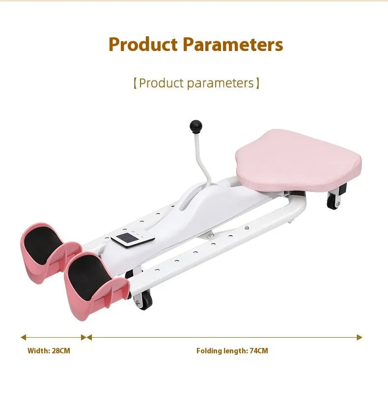 Pink and blue horse leg opener stretching equipment with steel frame and foam padding.