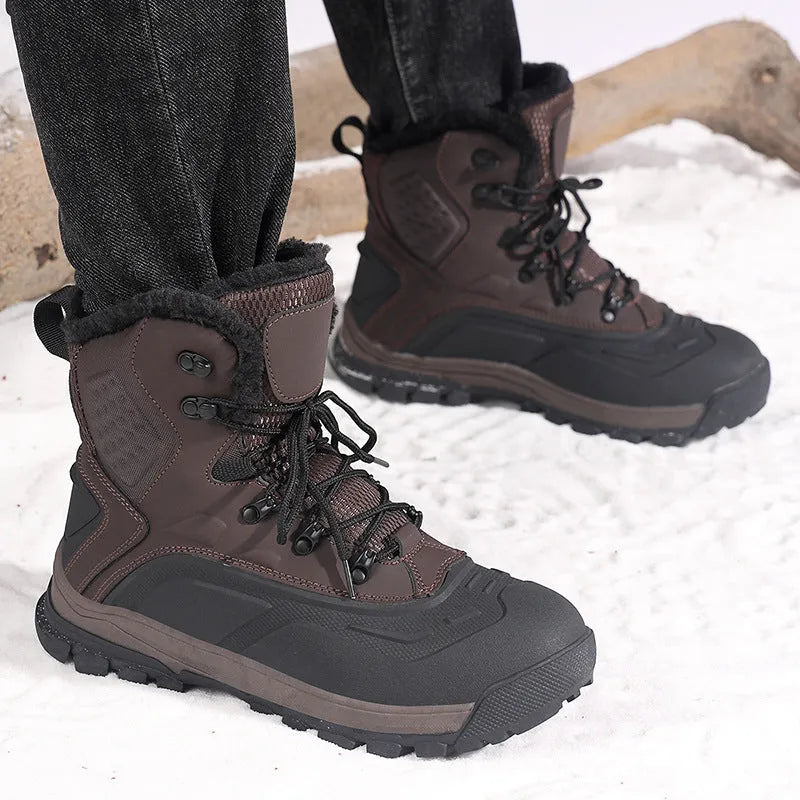 Men's black fleece-lined high-top lace-up boots with a ribbed sole.