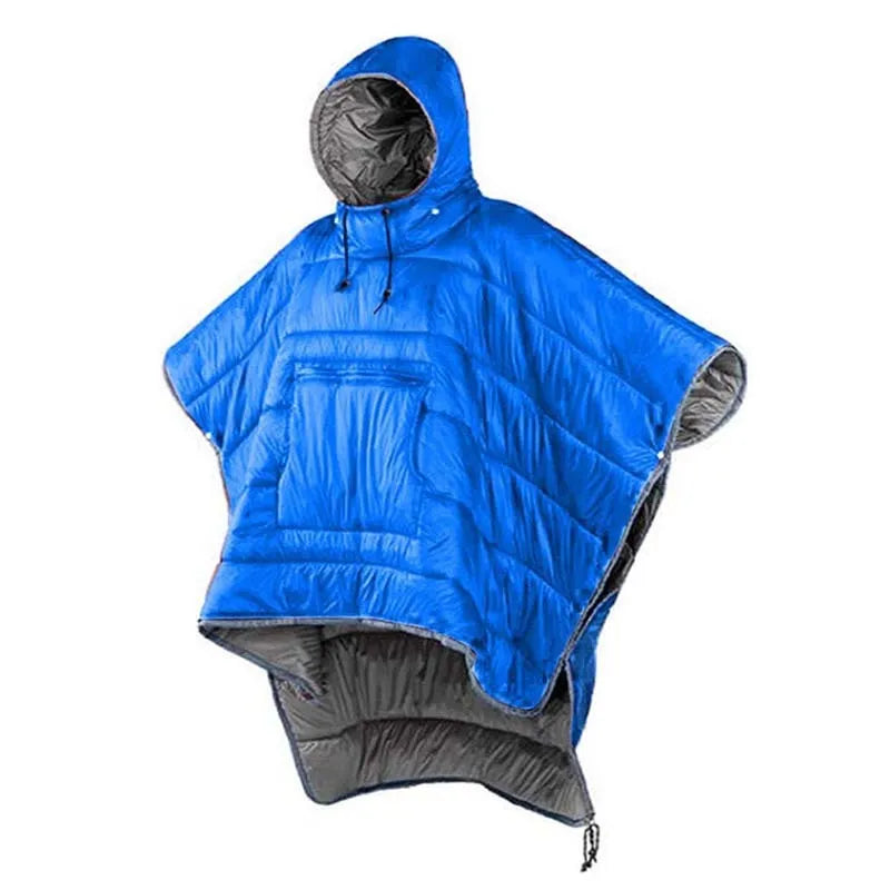 Army Green wearable cloak sleeping bag laid flat showing 200x140cm size and cape hood.