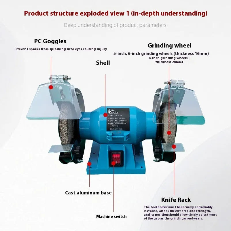 Compact 5-inch metal desktop polishing machine with a grinding wheel for sharpening knives.