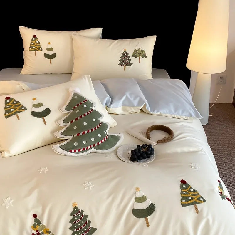 Pure cotton bedding set with embroidered Christmas tree pattern in cream blue or green, showing duvet cover, sheet, and pillowcases.