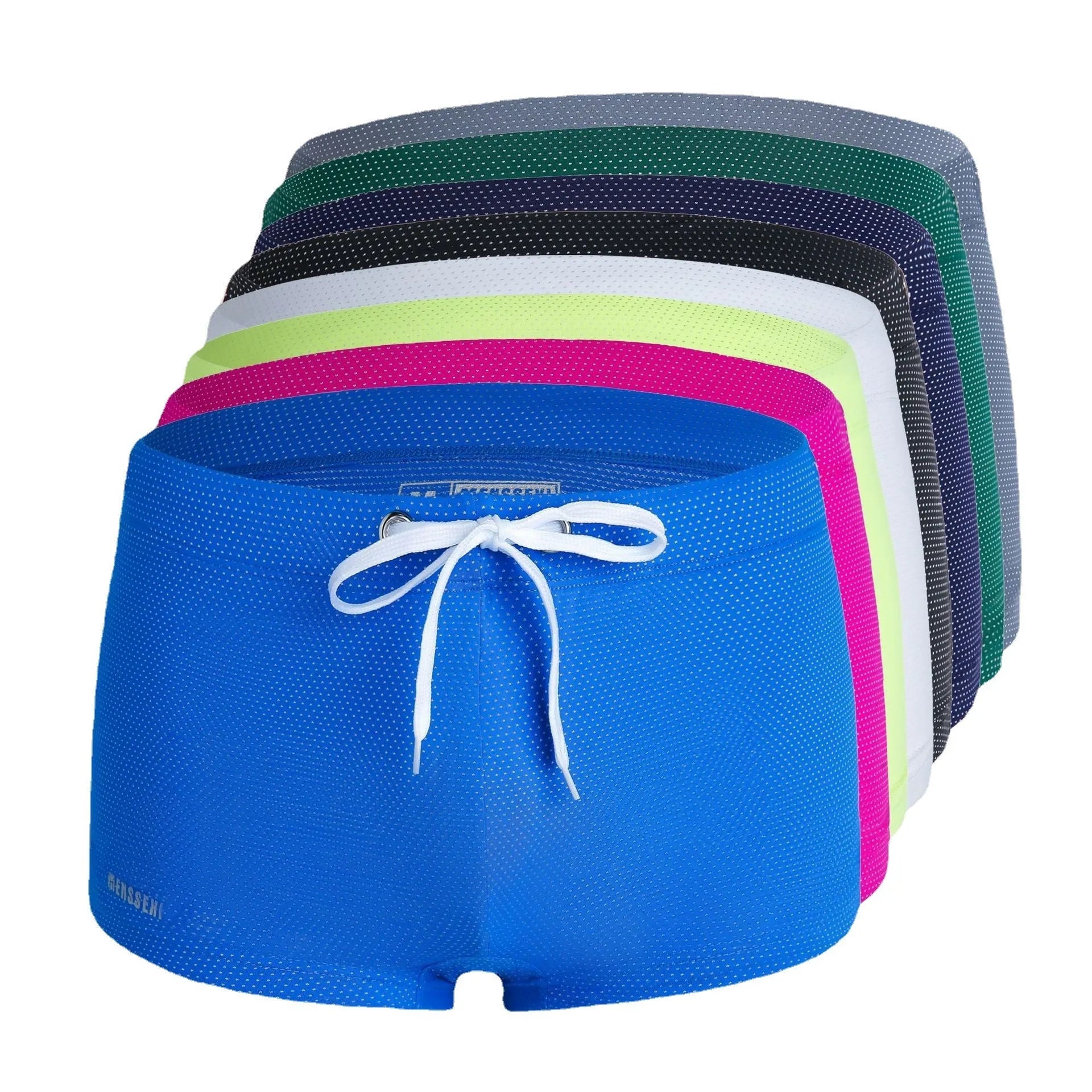 Men's solid colour nylon swimming trunks with polyester lining, shown in multiple colour options.