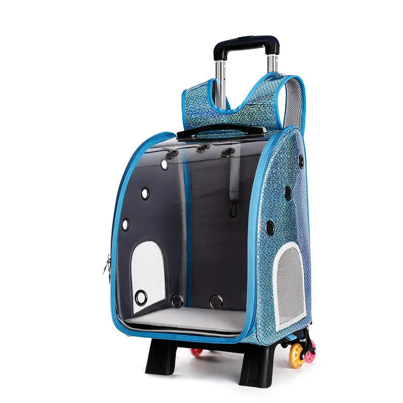 Transparent pet trolley backpack with folding design and shoulder strap for small dogs and cats