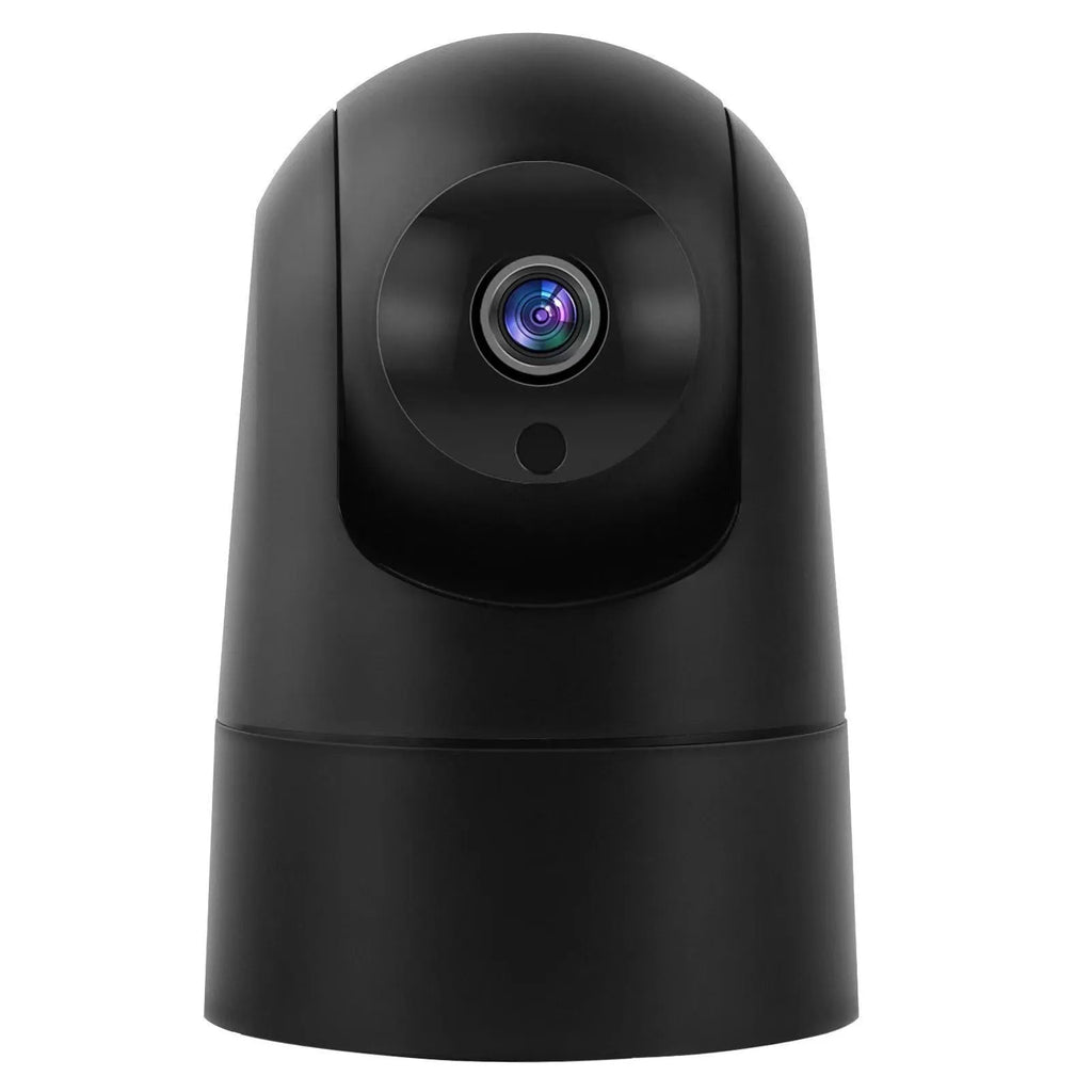 Compact white indoor smart security camera on a stand with a visible lens.
