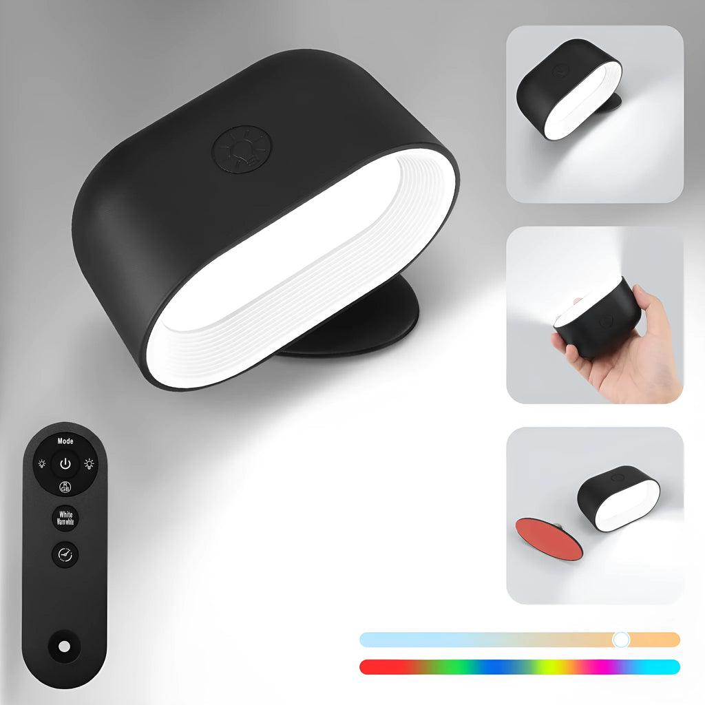 White magnetic wall lamp with remote control showing touch operation and colour changing features